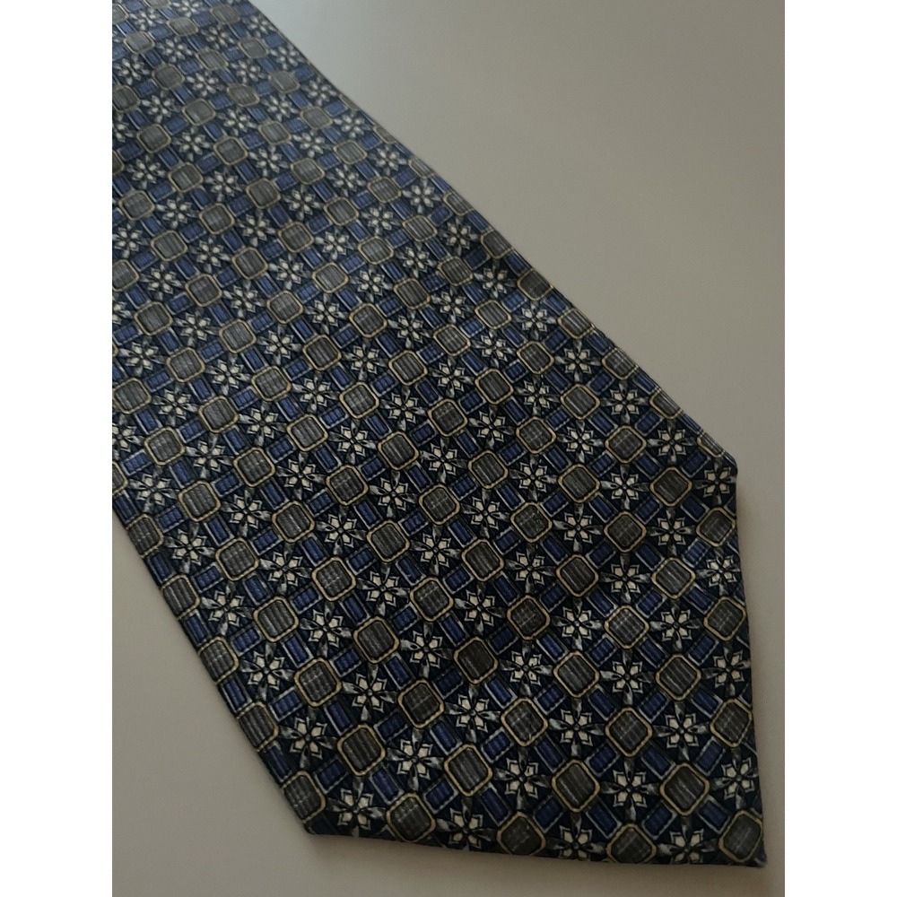 HICKEY FREEMAN COLLECTION Blue Yellow Silk Geometric Tie Made Italy 60"X 4"